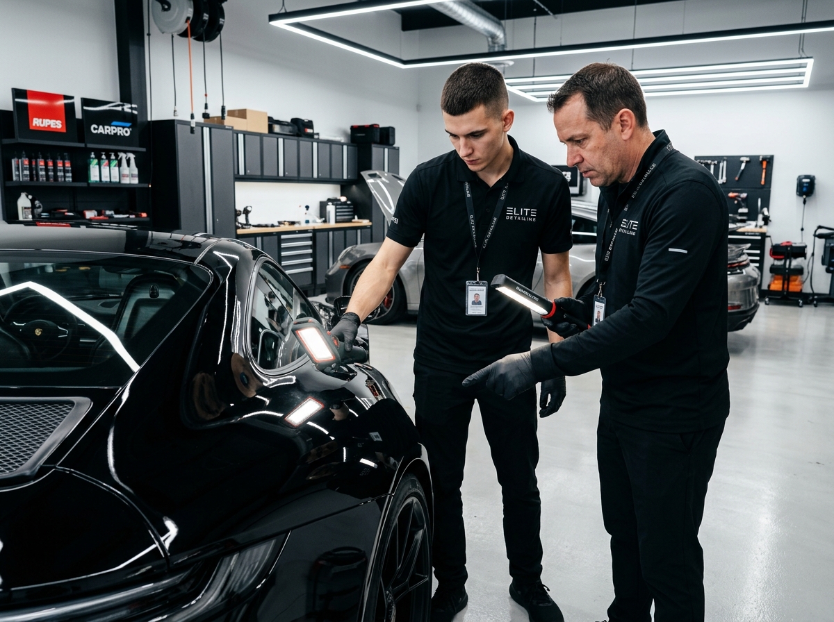 Two professional detailers inspecting vehicle finish with precision LED light